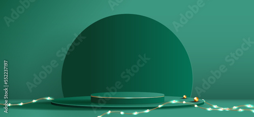 Podium shape for show cosmetic product display for Christmas day or New Years. Stand product showcase on green background with tree christmas. vector design.