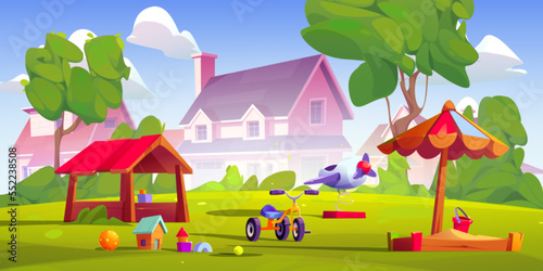 Fototapeta Naklejka Na Ścianę i Meble -  Kids playground in village or suburb district. Summer park, garden or backyard landscape with sandbox, toys, bicycle on green lawn and suburban houses on background, vector cartoon illustration