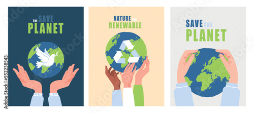 Save planet set. Collection of banners and posters for website. Motivation and responsible society. Reuse and recycling, zero waste. Cartoon flat vector illustrations isolated on white background