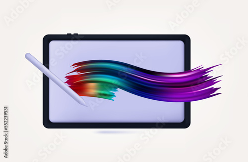 Brush stroke on tablet screen 3d. Splash of rainbow paint on the monitor, designer's desktop. Concept for colorful parade, festival, LGBT pride month. Drawn with stylus or paintbrush. Vector. 