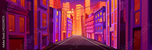 Empty morning city street at sunrise. Vector cartoon illustration of modern megalopolis architecture, windows of apartment buildings illuminated by rays of dawn. Beautiful cityscape with skyscrapers