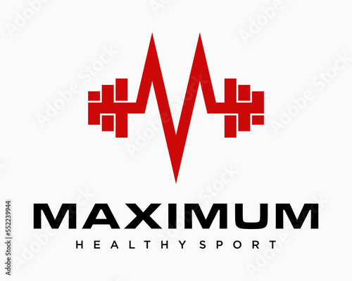 Set Letter M Monogram Barbell Red Exercise Healthy Style Pulse Heartbeat Cardiology Design Vector