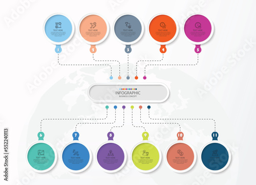 Process infographic with 11 steps, process or options.