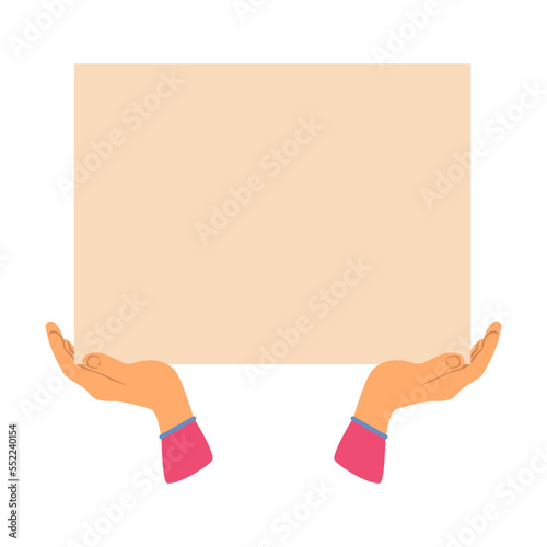 Hands holding blank placard. Vector illustration of activists with empty paper banner. People showing posters on demonstration isolated on white