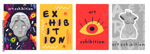 Retro futuristic flyers for modern abstract art exhibition. Vector posters with antique sculpture face and and statue body, open eye, surreal shapes and cyberpunk elements in trendy psychedelic style