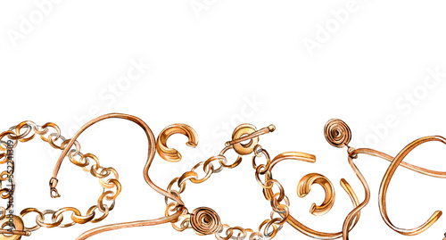 Photos Board of golden bracelet, chaintet, earrings watercolor illustration isolated on white