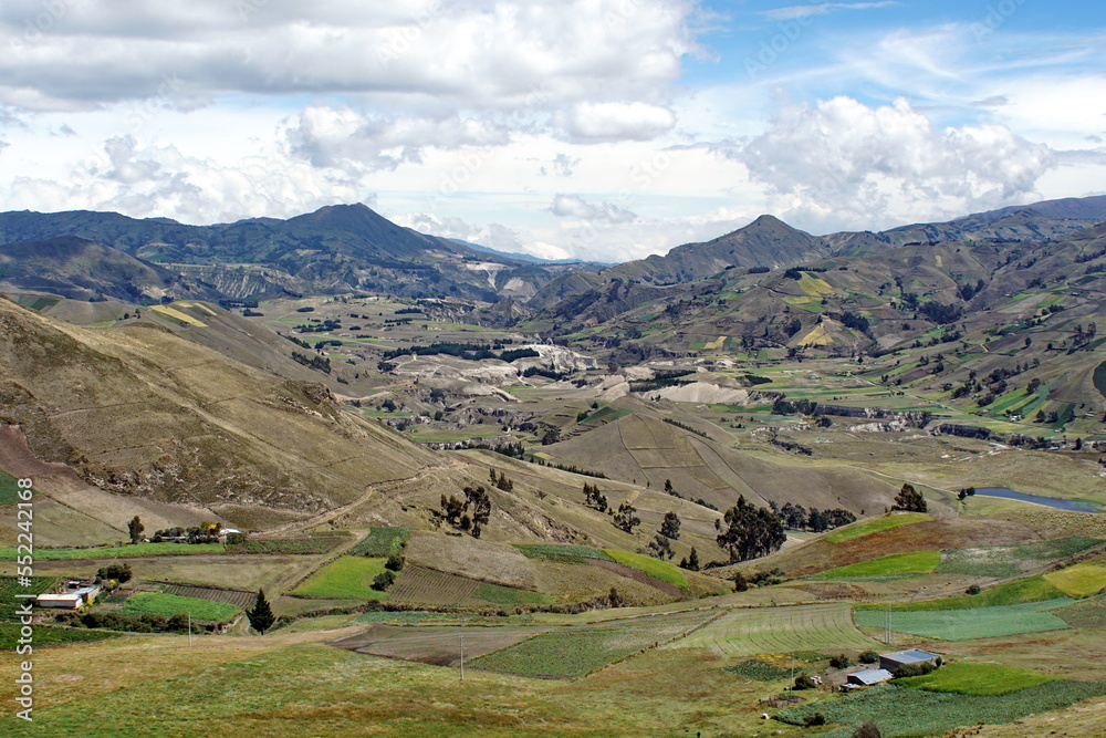 Green, patchwork fields in a mountain valley in the Andes near Latacunga, Ecuador