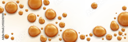 Drops of caramel sauce, toffee, candy cream or syrup. Banner template with liquid sweet sauce, milk chocolate or caramel splash on white background, vector realistic illustration