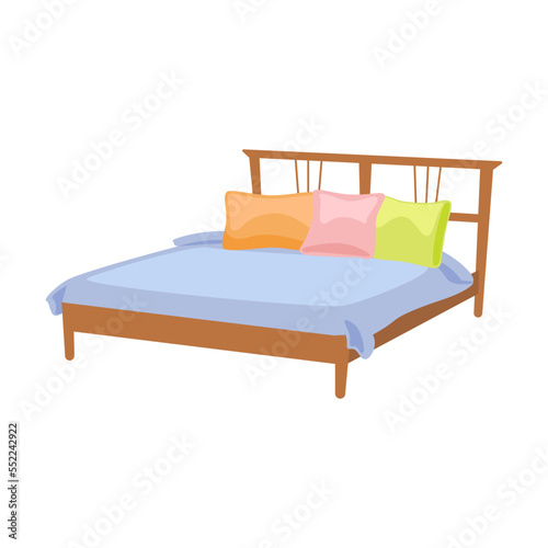 Bed with pillow, headboard and blanket. Vector illustration of furniture for home or hotel interior isolated on white