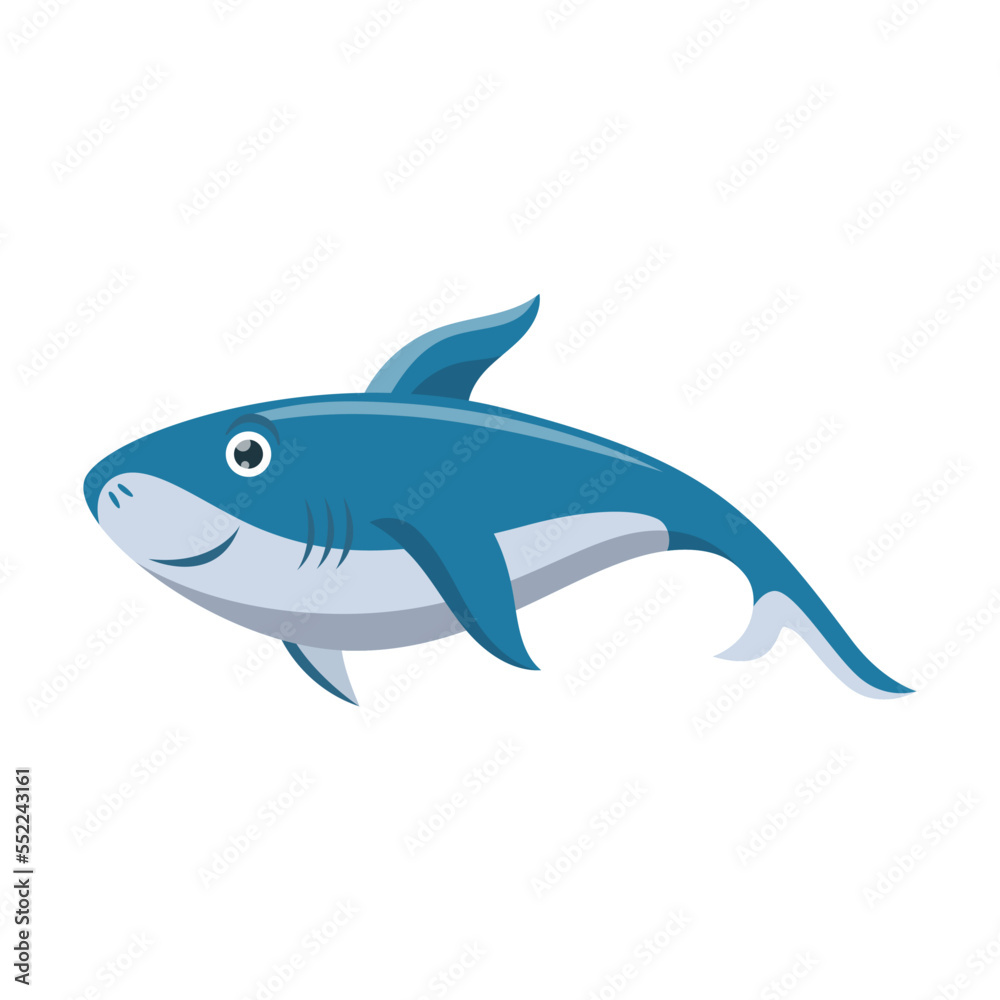 Cute friendly shark, cartoon character vector illustration. Emotion of big blue comic fish, underwater predator isolated on white background Cute friendly shark, cartoon character vector illustration. Emotion of big blue comic fish, underwater predator isolated on white background