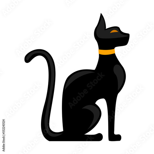 Black cat. Symbol of ancient Egyptian culture cartoon illustration. Vector sphinxes, pharaoh, gold elements isolated on white