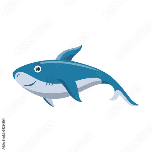 Cute friendly shark  cartoon character vector illustration. Emotion of big blue comic fish  underwater predator isolated on white background