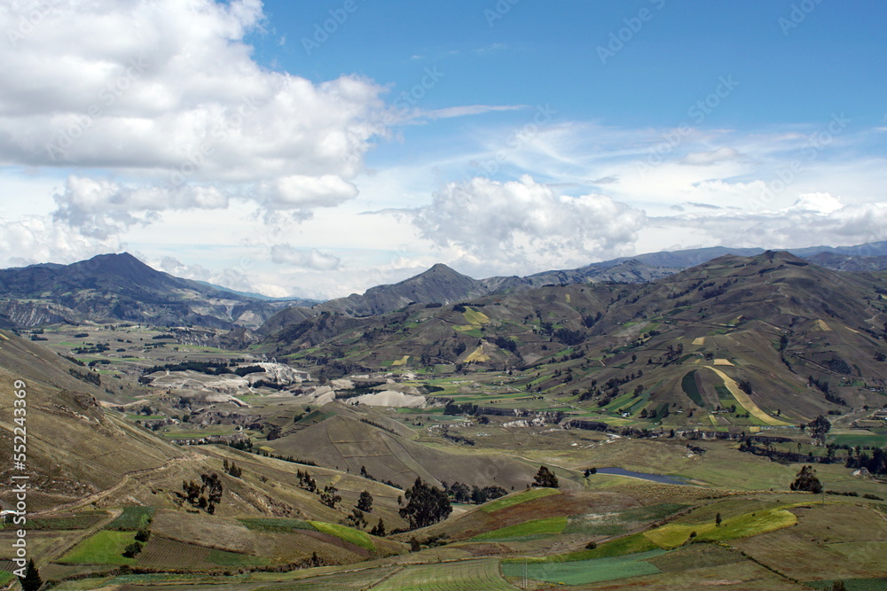 Green, patchwork fields in a mountain valley in the Andes near Latacunga, Ecuador