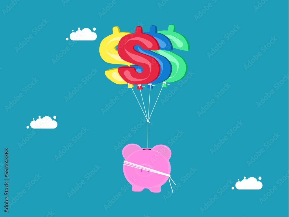 Savings and investments. Piggy bank floating with money balloons. vector illustration