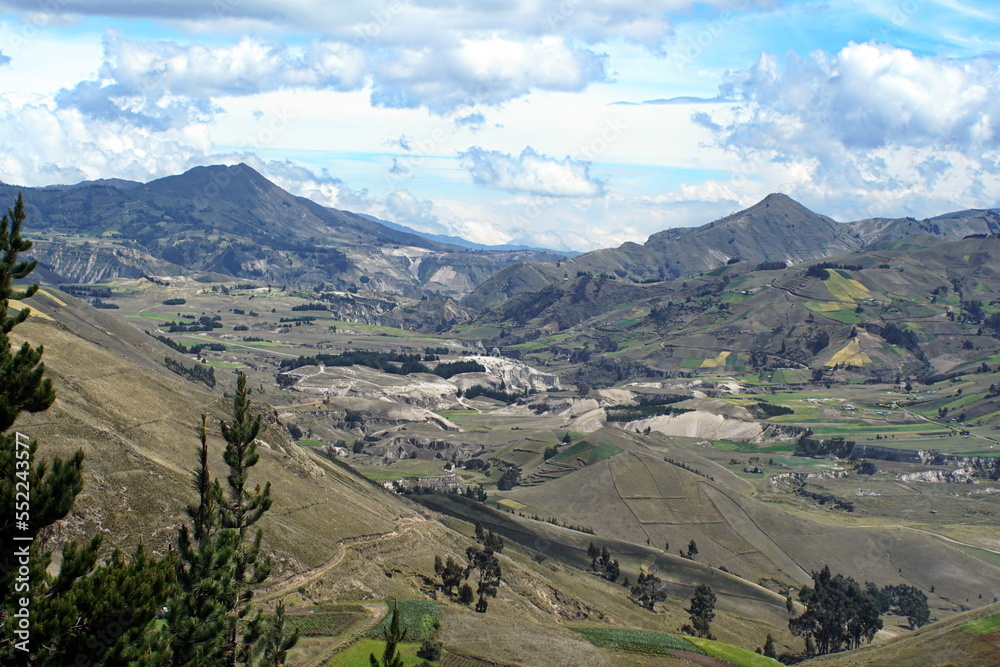 Rugged gorges in a valley in the Andes, surrounded by patchwork fields, near Latacunga, Ecuador