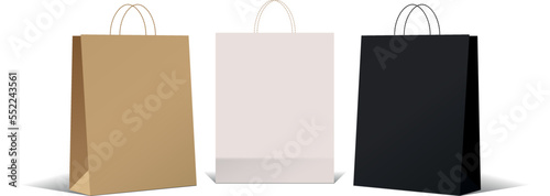 Mock-up of realistic paper package bag on isolated background. Corporate identity blank packaging, empty shopping bag paper mockup. Branding packaging template with handles. Gift boxing - Vector photo