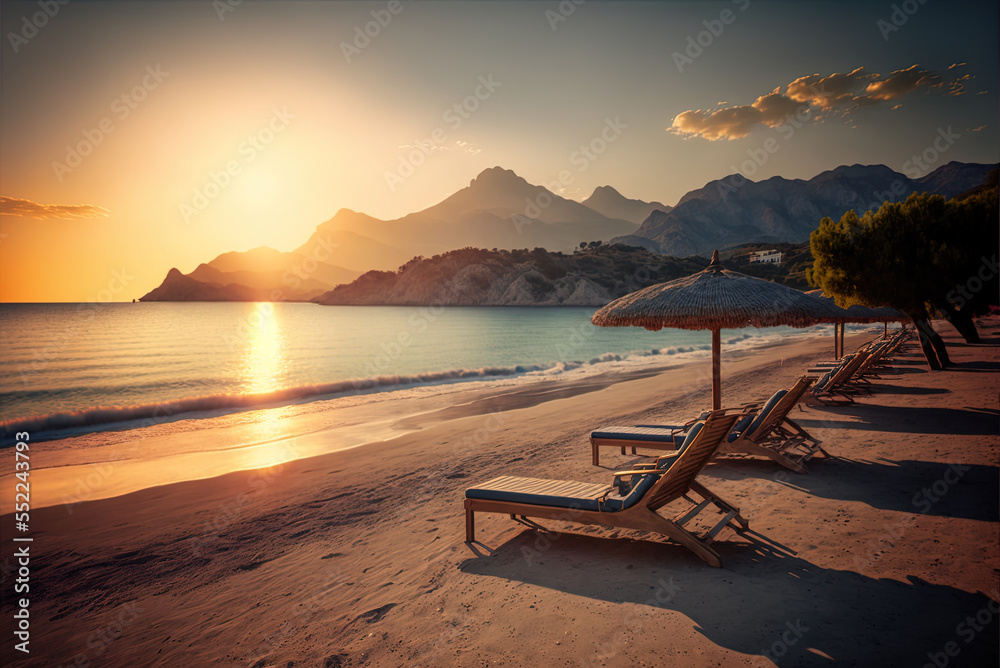 Fototapeta premium Sunset on a sandy beach with sunbeds overlooking the ocean and mountains. Located in the picturesque town. Generative AI