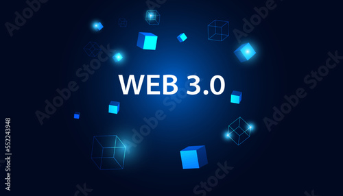 Abstract, Web 3.0 and blockchain square, Technology or Concept to Develop Web Links, Decentralized, Bottom-up Design, Consensus on Blue Background. Modern digital, futuristic