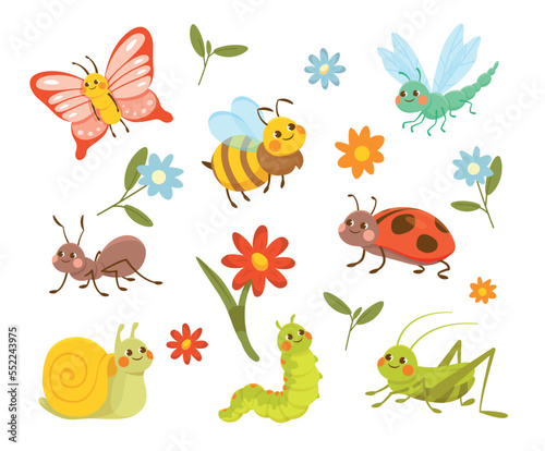 Insects and flowers set. Collection of graphic elements for website. Plants, caterpillar and butterfly, ladybug. Nature and spring. Cartoon flat vector illustrations isolated on white background © Rudzhan