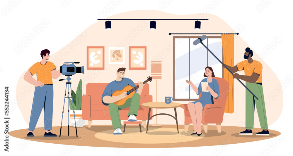 Shooting TV show. Man with guitar and woman with text sit in front of camera with microphone. Creativity and art. Characters create interesting content for television. Cartoon flat vector illustration
