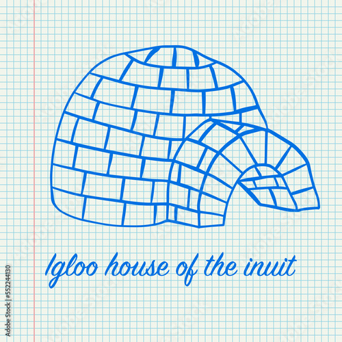 Igloo hand drawn on a checkered note with text. isolated retro vector graphic