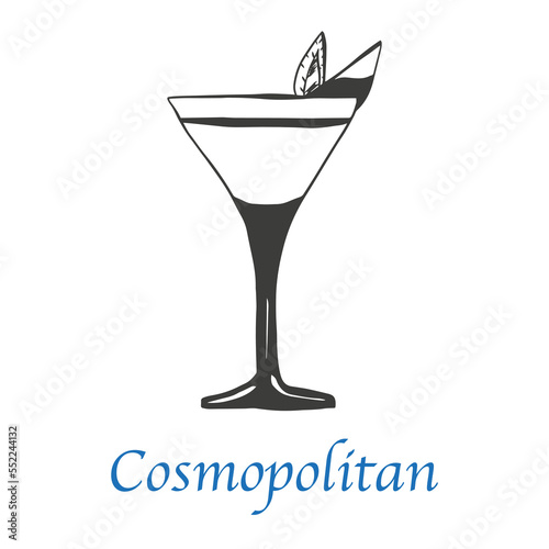 cosmopolitan cocktail hand drawn on white background. isolated vector illustration