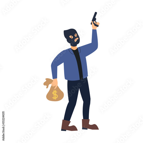Gangster character in a knitted hat. Vector illustration of comic criminal with hat or black mask. Cartoon mafia boss isolated on white
