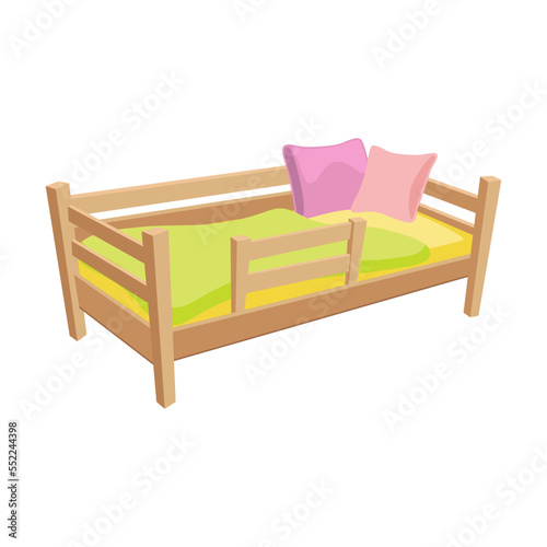 Children wooden bed with pillow, headboard and blanket. Vector illustration of furniture for home or hotel interior isolated on white