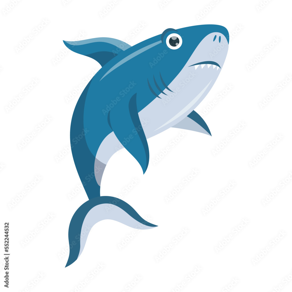 Fototapeta premium Cute shark thought, cartoon character vector illustration. Emotion of big blue comic fish, underwater predator isolated on white background