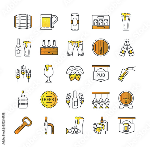 Brewery icon set. Collection of alcoholic drinks and intoxicating products. Holiday and festival concept, social media sticker. Cartoon flat vector illustrations isolated on white background