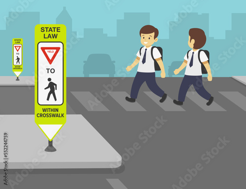 Pedestrian safety and car driving rules. School boys crossing the street on crosswalk. Close-up of a crosswalk sign. Pedestrian crossing and a central island. Flat vector illustration template.