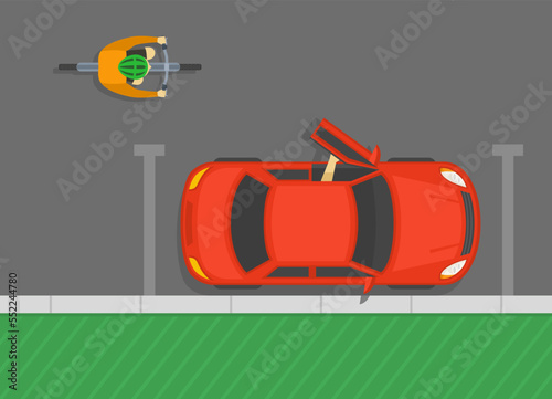 Safe driving tips and rules. Check before opening doors. Driver opening the vehicle's front door while bicyclist is approaches. Beware of the door zone. Top view. Flat vector illustration template.