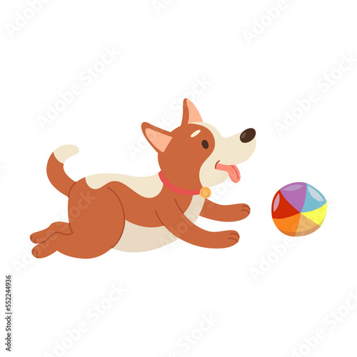 dog chasing the ball, cartoon illustration. Happy little and elderly pet character growing, playing with ball isolated on white background