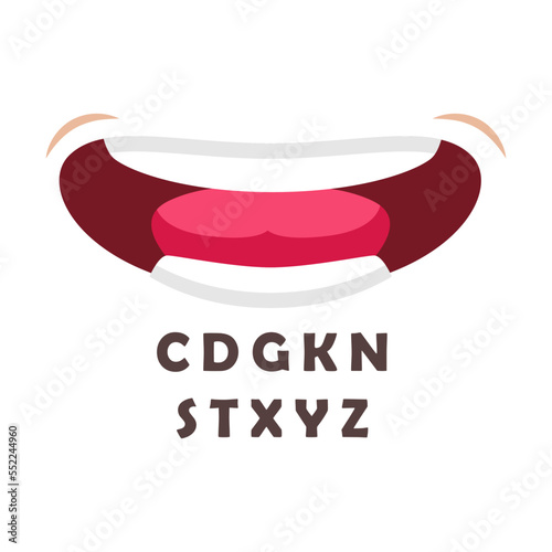 English alphabet letters pronunciation. Vector illustration movement of mouth making sounds isolated on white