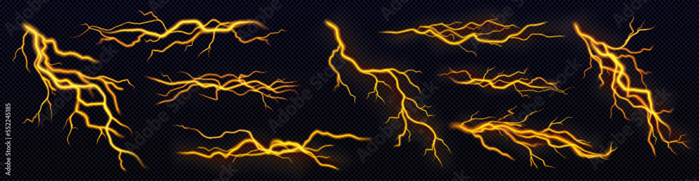 Set of yellow lightning, electric thunderbolt strike during night storm. Powerful electrical discharge, impact, crack, magical energy flash. Realistic 3d vector bolts isolated on black background