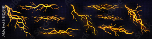 Set of yellow lightning, electric thunderbolt strike during night storm. Powerful electrical discharge, impact, crack, magical energy flash. Realistic 3d vector bolts isolated on black background