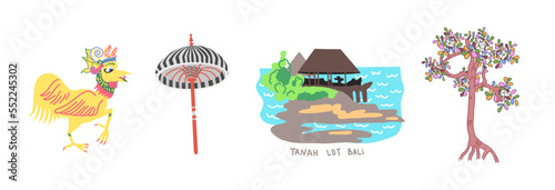 set of balinese symbols - rooster, ritual umbrella, temple and tree, flat design vector illustration.