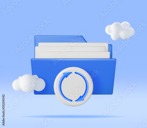 3D Blue Folder in Clouds with File Sync Icon Isolated. Render Computer File Folder with Synchronization Cloud. Data Center, Cloud Storage Concept. Online Backup. Internet Archive. Vector Illustration