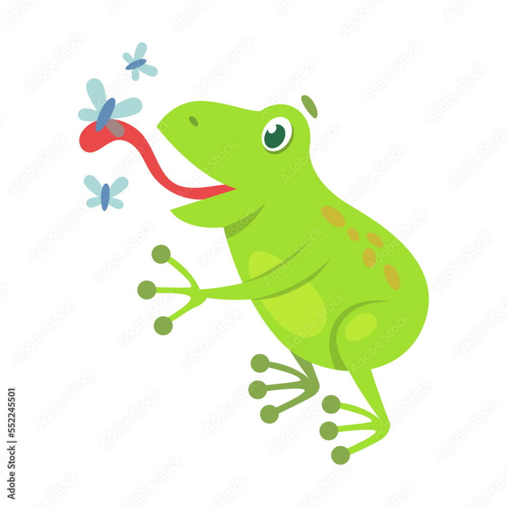 Cute frog eats insects cartoon illustration. Funny green croaking toad isolated on white background. Flat vector