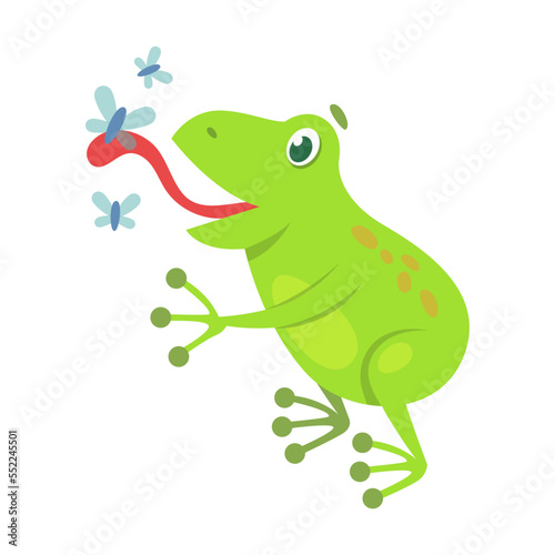 Cute frog eats insects cartoon illustration. Funny green croaking toad isolated on white background. Flat vector