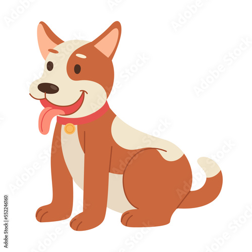 dog waiting for a command cartoon illustration. Happy little and elderly pet character growing, playing with ball isolated on white background