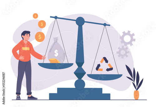 Business ethics concept. Man next to scales with money and principles. Responsible businessman, morality and concern for society. Poster or banner for website. Cartoon flat vector illustration