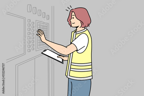 Girl in uniform adjusts industrial equipment on control panel with buttons in factory. Woman worker checks settings, current state, performance at plant. Vector thin line colored illustration.