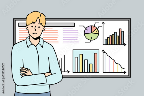 Man stands next to board for presentations, reflecting graphs, charts of development of company. Businessman prepared report based on infographics on whiteboard. Vector linear colored illustration.