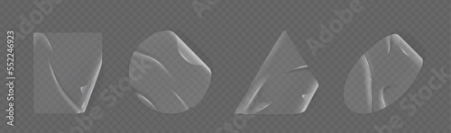 Transparent stickers peel off, patches, wrinkled plastic or pvc film. Shrunken adhesive labels mockup of round, triangle and square shapes. Isolated emblems, badges or tags, Realistic 3d vector set
