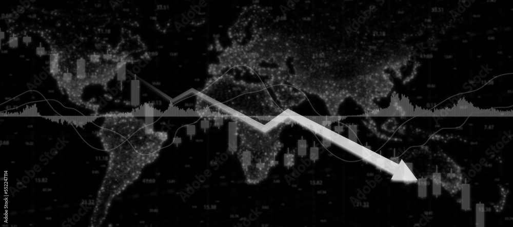 Obraz premium Finance economic stock market down. Global Stock market chart panic sell on black background concept. Extreme bearish stage. Usable for banner, cover, and header.