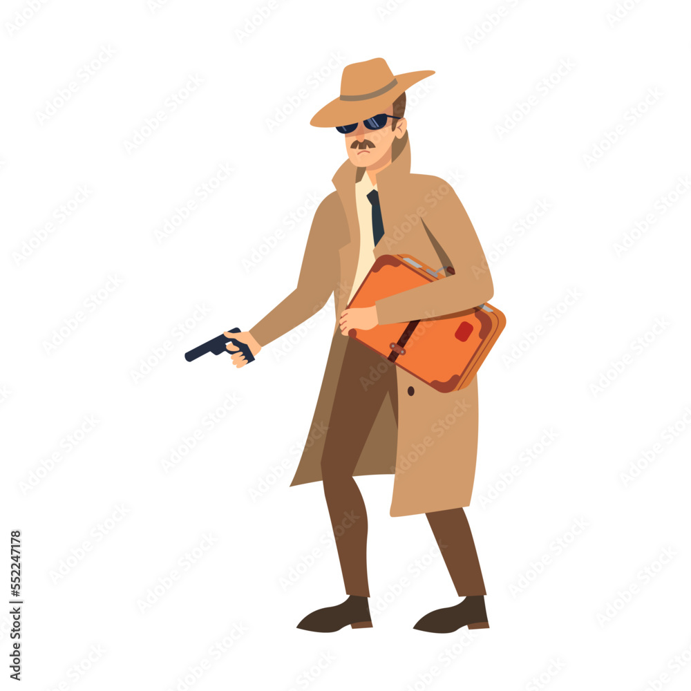 Gangster character in a long coat. Vector illustration of comic criminal with hat or black mask. Cartoon mafia boss isolated on white