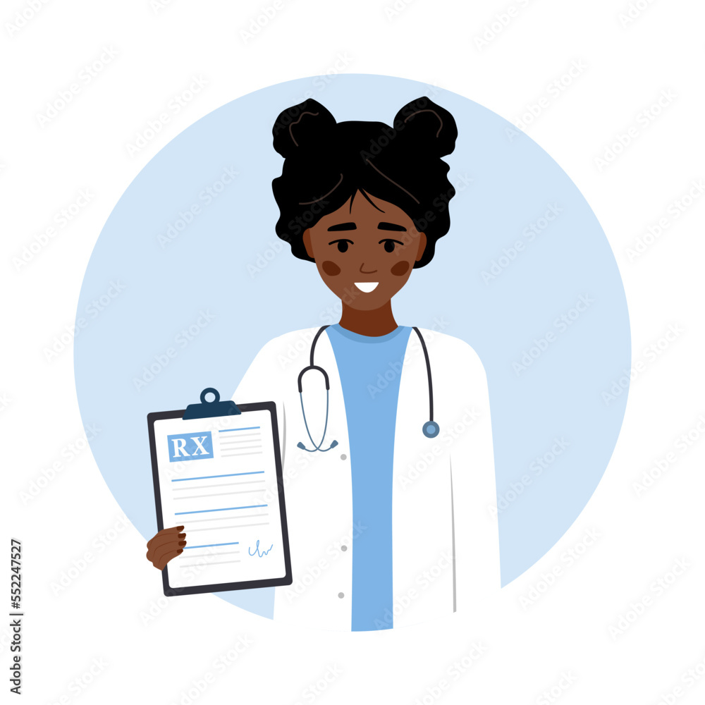 Medical prescription. African female doctor in uniform holding clipboard with recipe for patient. Healthcare, treatment and pharmacy concept. Vector illustration in flat cartoon style.