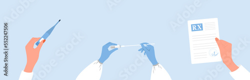 Medical examination concept. Hands holding thermometer, tube with sample, prescription. Laboratory analysis of biomaterial. Healthcare and treatment concept. Vector illustration in flat cartoon style.