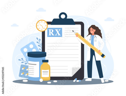 Medical prescription drugs concept. Female doctor with giant pencil standing near large recipe on clipboard. Diseases therapy pills. Pharmacy control. Vector illustration in flat cartoon style.